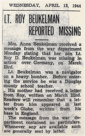 Newspaper clip - 12 April 1944 - Lt. Roy Beukelman reported missing