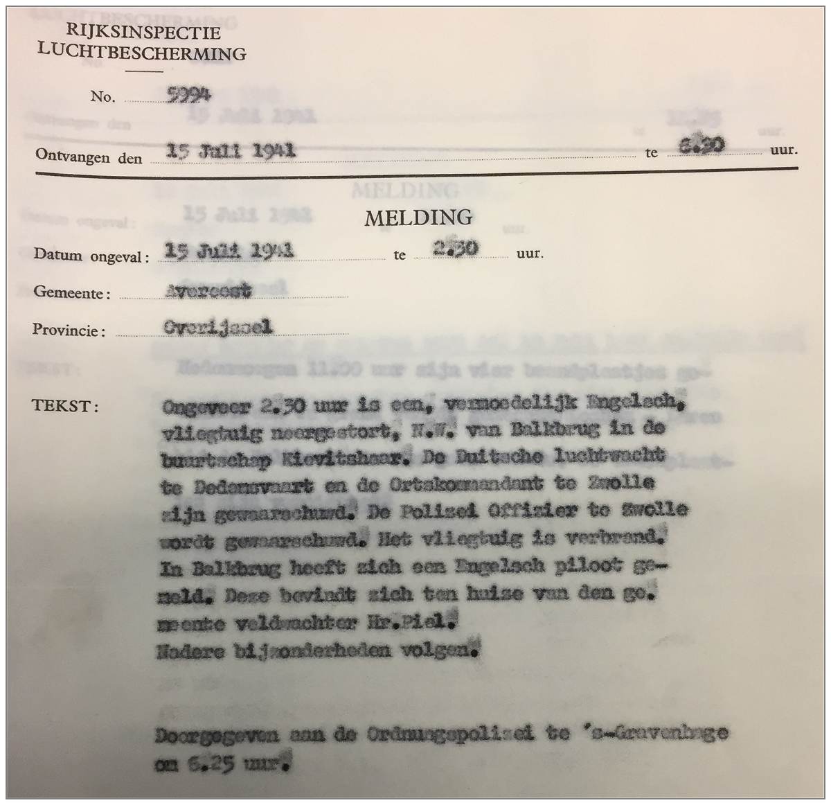 Rijksinspectie Luchtbescherming - 15 Jul 1941 - No. 5994