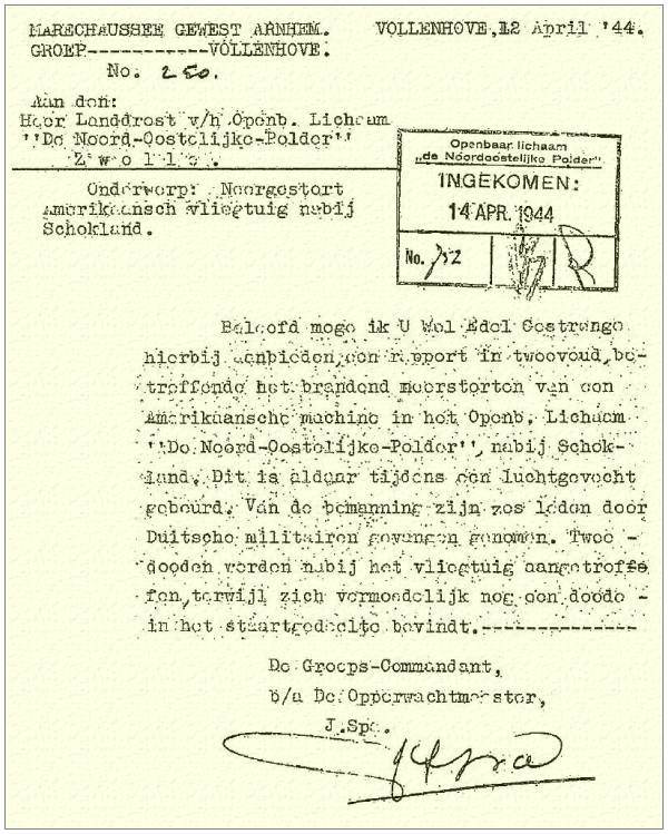 Marechaussee Gewest Arnhem - Groep Vollenhove - Rapport Nr. 250 - Vollenhove, 12 Apr 1944