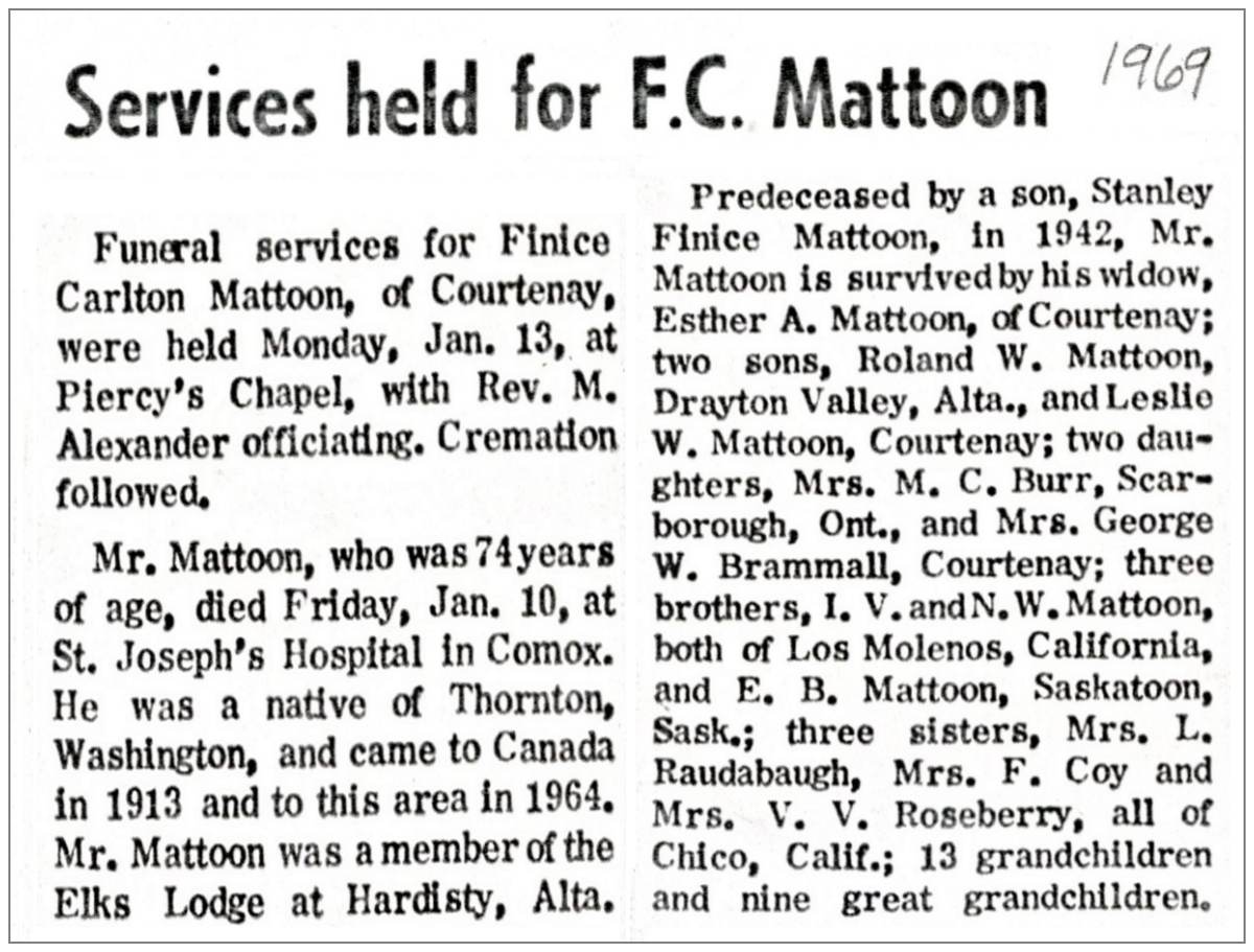 Obituary - 1969 - Finice Carlton Mattoon - Age 74