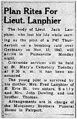 Plan Rites For Lt. Lanphier - newsclip 17 Feb 1944, PT