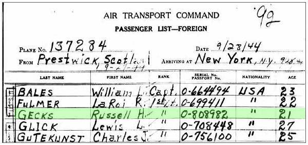 Plane: 137284 - Clip Passenger List - Prestwick, Scotland - 27 Sep 1944 to New York, NY - 28 Sep 1944