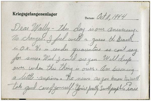 Postcard from Ernie Shelander to Wally Emmert - 11 Oct 1944 / 27 Nov 1944 - Stalag Luft 3