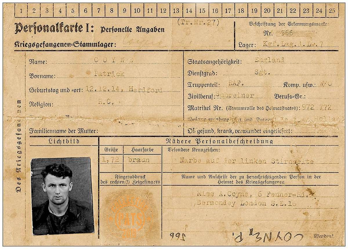 Patrick Coyne - POW ID card Nr. 566 - Stalag Luft 7 - Bankau
