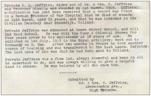 Letter submitted by Mr. & Mrs. O. Jeffries