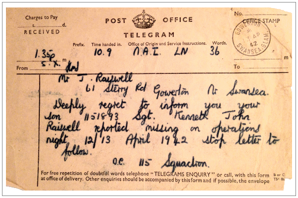 Telegram 13 Apr 1942 - Sgt. Kenneth John Raiswell - Missing