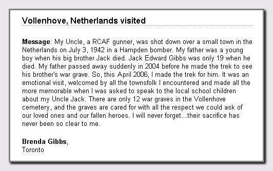 Reply visit Netherlands - Brenda Gibbs (niece) at Veterans Affairs Canada