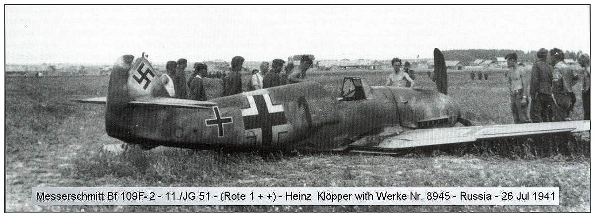 26 Jul 1941 - Heinz Klöpper, Smolesk, Russia - 'Rote 1 + +' 11./JG 51 - Messerschmitt Bf 109F-2 Werke Nr. 8945