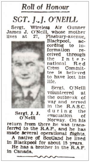 1033308 - Sergeant - James Joseph O'Neill - RAFVR - Newsclip Blackpool Gazette 22 Jun 1943