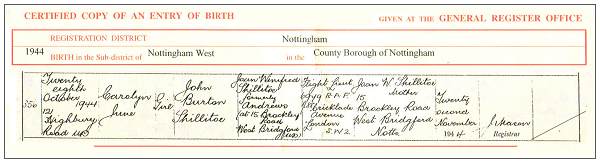 Birth record - daughter of John Burton Shillitoe