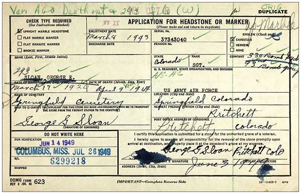 Sgt. George Ellis Sloan  - headstone application from '293' records