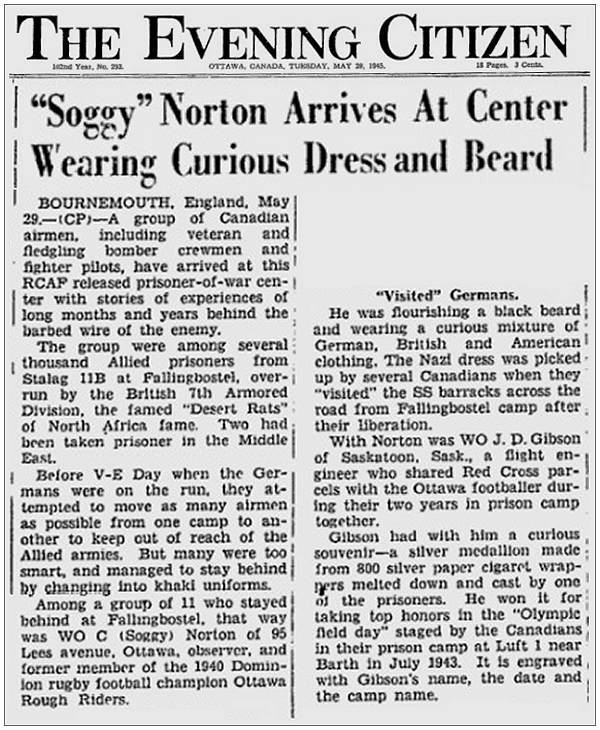 The Evening Citizen, Ottawa, Canada - Tuesday, May 29, 1945 - page 9
       'Soggy' Norton Arrives At Center Wearing Curious Dress and Beard