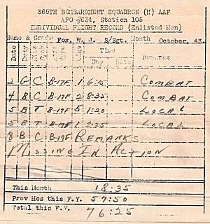 Individual Flight Record - S/Sgt. Fox, W. J -
        365th BS - Oct 1943