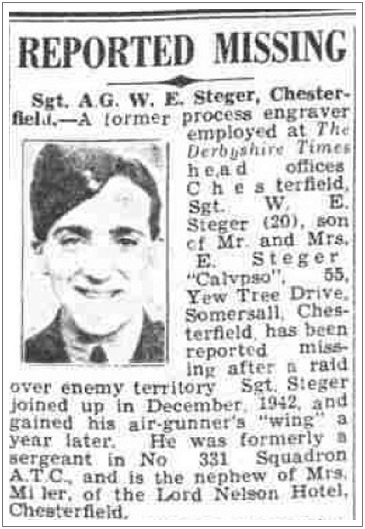 Sergeant William Edward Steger, Chesterfield, UK
