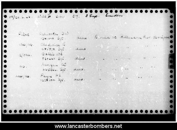 Loss Card - Z1611 - DX-R - Ashworth - via www.lancasterbombers.net