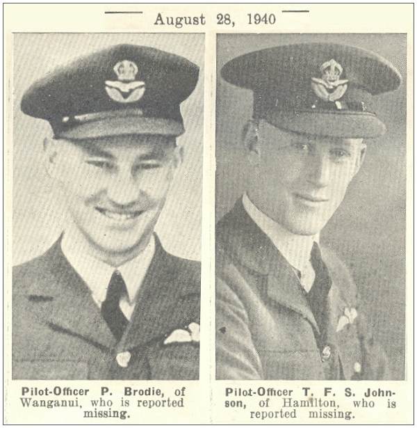 TWN - 28 Aug 1940 - P/O. Brodie and P/O. Johnson reported missing
