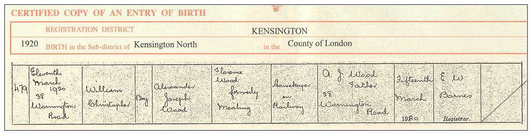 Clip - Birth Certificate - William Christopher Wood - 11 Mar 1920 - via GRO