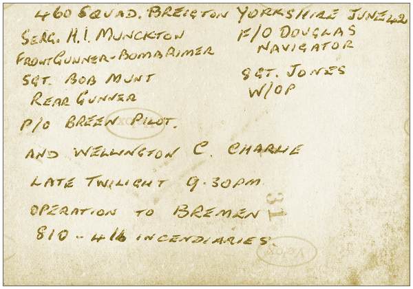 25 Jun 1942 - 09:30PM - Z1335 UV-V - crew P/O. Frederick James Breen - in front of 'Charlie' - writing