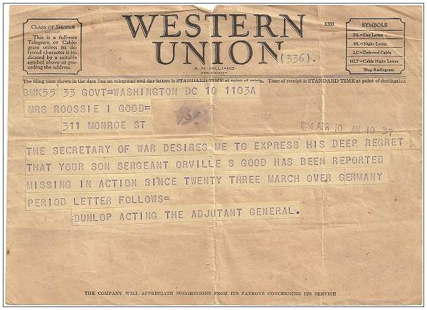 Western Union Telegram - Mrs. Rossie I. Good née Towry - 10 Apr 1944