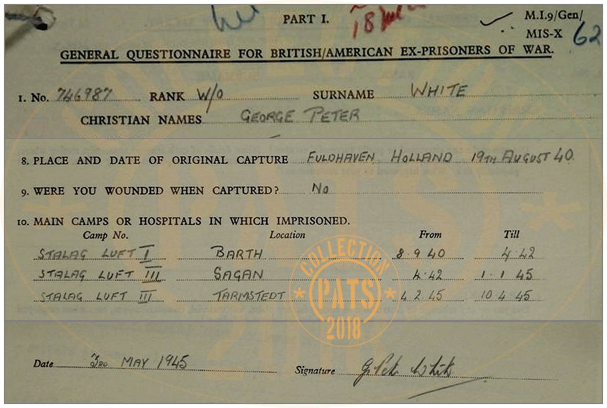 White - M.I.9. record - capture - FULDHAVEN (VOLLENHOVE), 19 Aug 1940